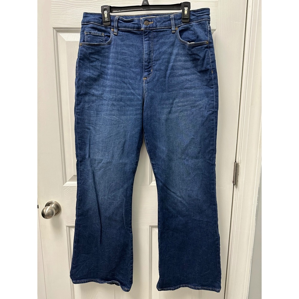 Loft Relaxed Flare Jeans Womens 14 32 Dark Wash High Rise Denim Blue